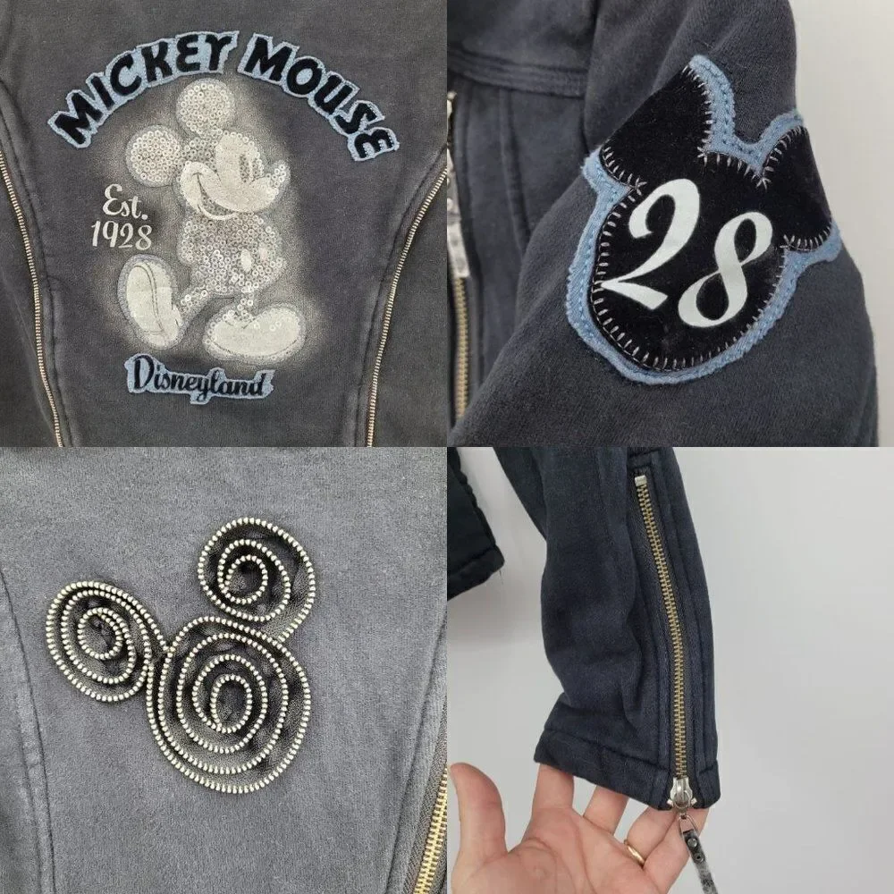 Disney Parks Disneyland Moto Jacket Sweatshirt M Black Sequined Mickey‎ 3D Zip